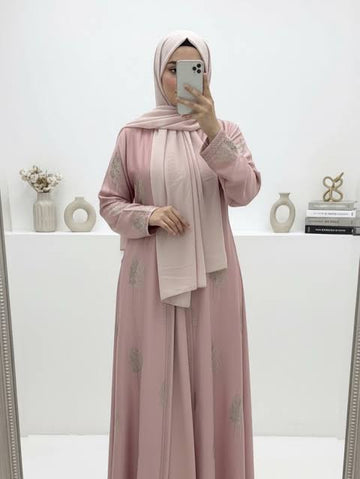 Elegant Pastel Pink Embroidered Nidha Abaya Set