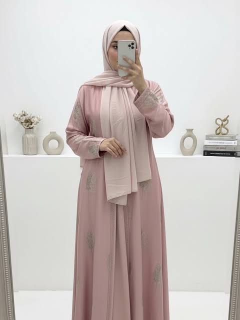 Elegant Pastel Pink Embroidered Nidha Abaya Set